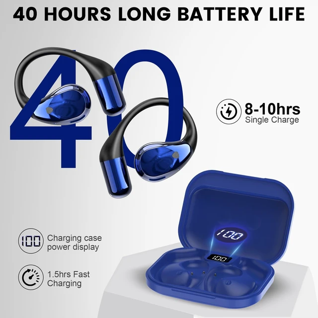 Alt view image 5 of 7 - Open-Ear Headphones, Bluetooth 6.0 Wireless Earbuds Powerful Sound, 40H Open Ear Earbuds with ENC Mic, Comfortable Ear Hooks/IP7 Waterproof/Fast Charging Earphones for Workouts/Running, Blue
