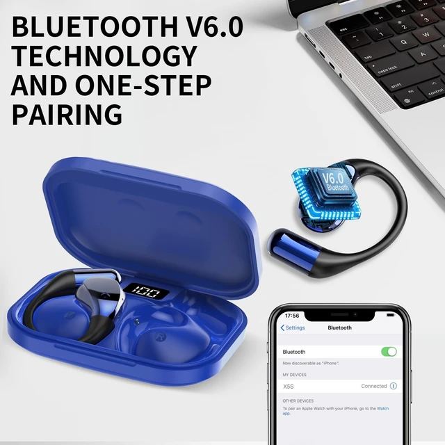 Alt view image 6 of 7 - Open-Ear Headphones, Bluetooth 6.0 Wireless Earbuds Powerful Sound, 40H Open Ear Earbuds with ENC Mic, Comfortable Ear Hooks/IP7 Waterproof/Fast Charging Earphones for Workouts/Running, Blue
