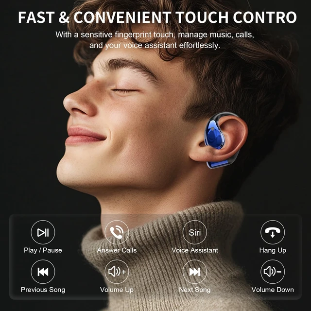 Alt view image 7 of 7 - Open-Ear Headphones, Bluetooth 6.0 Wireless Earbuds Powerful Sound, 40H Open Ear Earbuds with ENC Mic, Comfortable Ear Hooks/IP7 Waterproof/Fast Charging Earphones for Workouts/Running, Blue