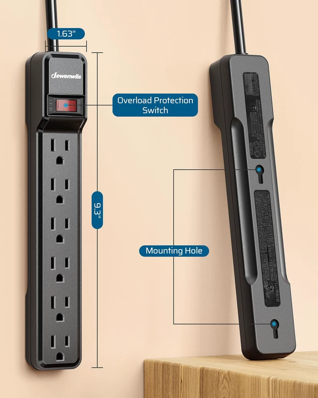 Alt view image 7 of 7 - 15 Foot Long Power Strip, 4 Pack 6-Outlet, 15 Amp Circuit Breaker, Low Profile Flat Plug, Surge Protector for Office, Living Room, Bedroom, Wall Mount, Black