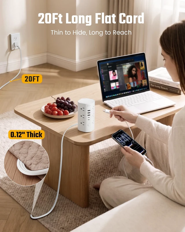 Alt view image 3 of 7 - 20Ft Tower Power Strip, Long Extension Cord, Flat Plug, 1700J, 12 AC 5 USB 3 USB A 2 USB C, Surge Protector Power Tower, Desk Charging Station Multiple Outlets, Home Office Dorm Room, White