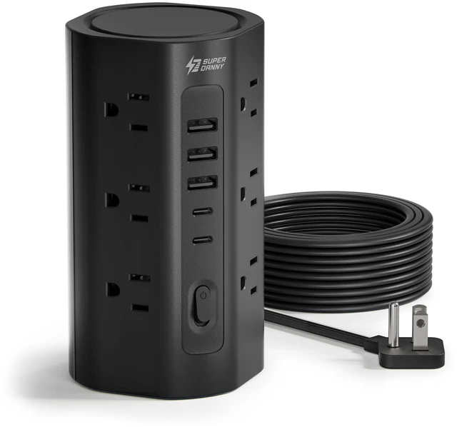 Main image of 10Ft Tower Power Strip, Long Extension Cord, Flat Plug, 1700J, 12 AC 5 USB 3 USB A 2 USB C, Surge Protector Power Tower, Desk Charging Station Multiple Outlets, Home Office Dorm Room, Black