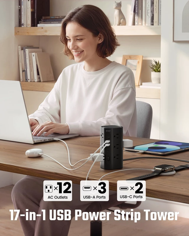 Alt view image 2 of 7 - 10Ft Tower Power Strip, Long Extension Cord, Flat Plug, 1700J, 12 AC 5 USB 3 USB A 2 USB C, Surge Protector Power Tower, Desk Charging Station Multiple Outlets, Home Office Dorm Room, Black