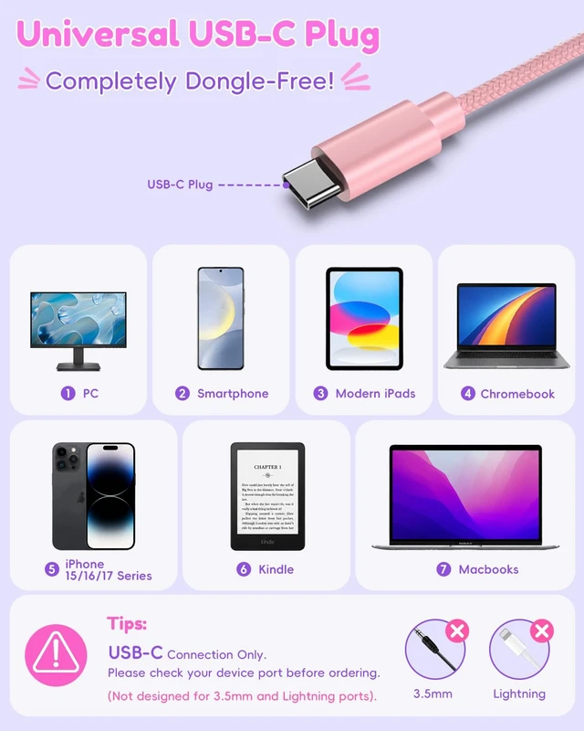 Alt view image 2 of 7 - USB C Kids Headphones for School, Wired Over-Ear for Boys Girls 85dB Volume Limited, HD Stereo Sound, Adjustable Fit, Soft Cushions, Foldable Design for Travel, iPad, Tablets, Light Pink