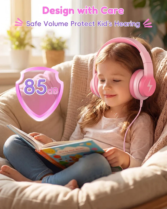 Alt view image 3 of 7 - USB C Kids Headphones for School, Wired Over-Ear for Boys Girls 85dB Volume Limited, HD Stereo Sound, Adjustable Fit, Soft Cushions, Foldable Design for Travel, iPad, Tablets, Light Pink
