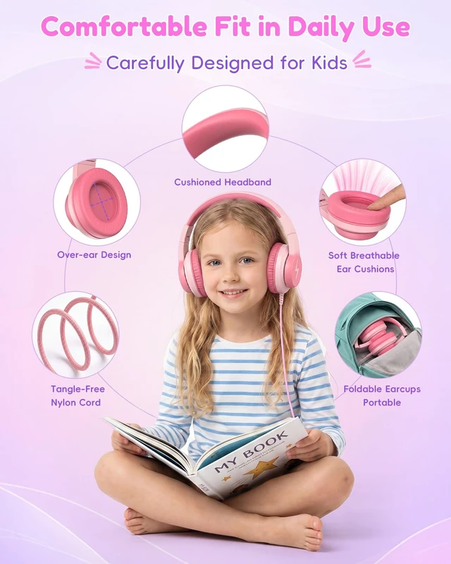 Alt view image 5 of 7 - USB C Kids Headphones for School, Wired Over-Ear for Boys Girls 85dB Volume Limited, HD Stereo Sound, Adjustable Fit, Soft Cushions, Foldable Design for Travel, iPad, Tablets, Light Pink