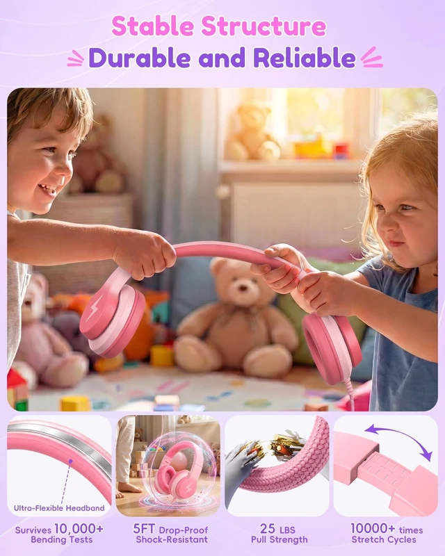 Alt view image 6 of 7 - USB C Kids Headphones for School, Wired Over-Ear for Boys Girls 85dB Volume Limited, HD Stereo Sound, Adjustable Fit, Soft Cushions, Foldable Design for Travel, iPad, Tablets, Light Pink