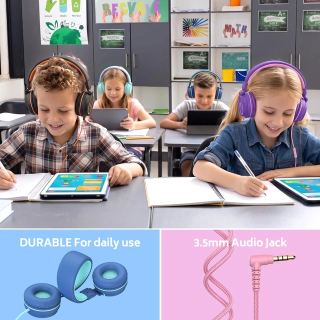 Alt view image 2 of 7 - Kids Headphones Bulk 10-Pack for School Classroom with Mic, 93dB Volume Limited K-12 On-Ear Durable Headset for Everyday Students Children, 3.5mm Jack for Chromebooks Tablets Laptop Computer