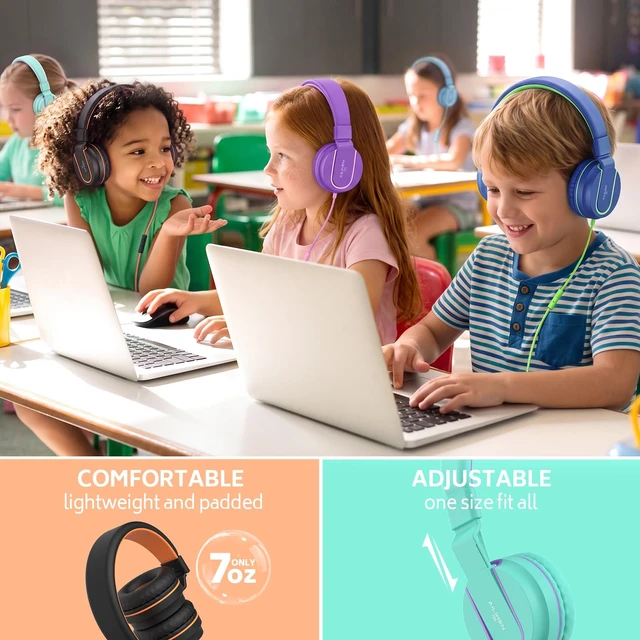 Alt view image 3 of 7 - Kids Headphones Bulk 10-Pack for School Classroom with Mic, 93dB Volume Limited K-12 On-Ear Durable Headset for Everyday Students Children, 3.5mm Jack for Chromebooks Tablets Laptop Computer