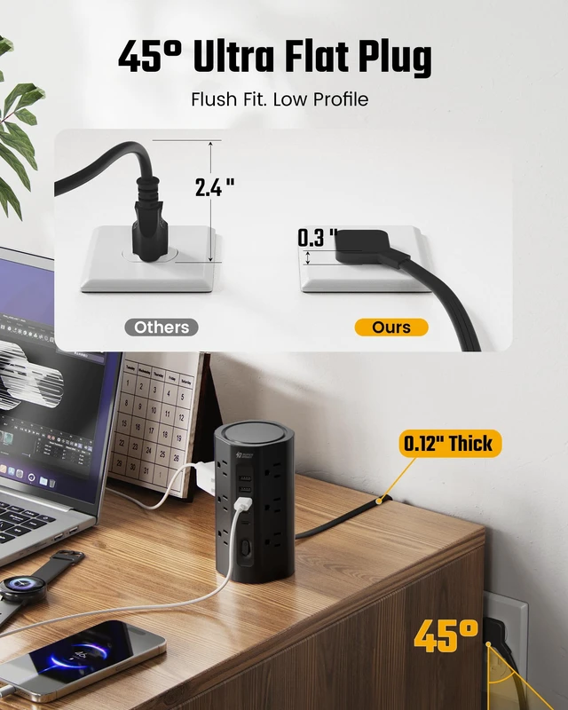 Alt view image 4 of 7 - 10Ft Tower Power Strip, Long Extension Cord, Flat Plug, 1700J, 12 AC 5 USB 3 USB A 2 USB C, Surge Protector Power Tower, Desk Charging Station Multiple Outlets, Home Office Dorm Room, Black