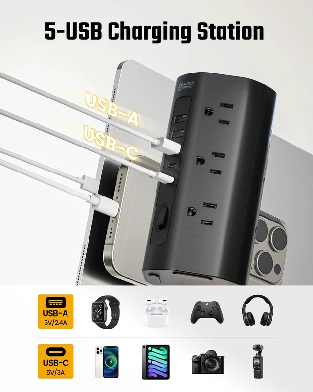 Alt view image 5 of 7 - 10Ft Tower Power Strip, Long Extension Cord, Flat Plug, 1700J, 12 AC 5 USB 3 USB A 2 USB C, Surge Protector Power Tower, Desk Charging Station Multiple Outlets, Home Office Dorm Room, Black