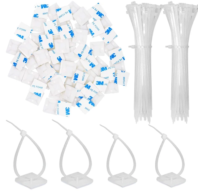 Main image of 100 Pack 1.1 inch Zip Tie Adhesive Mounts Self Adhesive Cable Tie Base Holders with Multi-Purpose Tie wire clips with screw hole,Anchor stick on wire holder with 8 inch zip tiesWhite