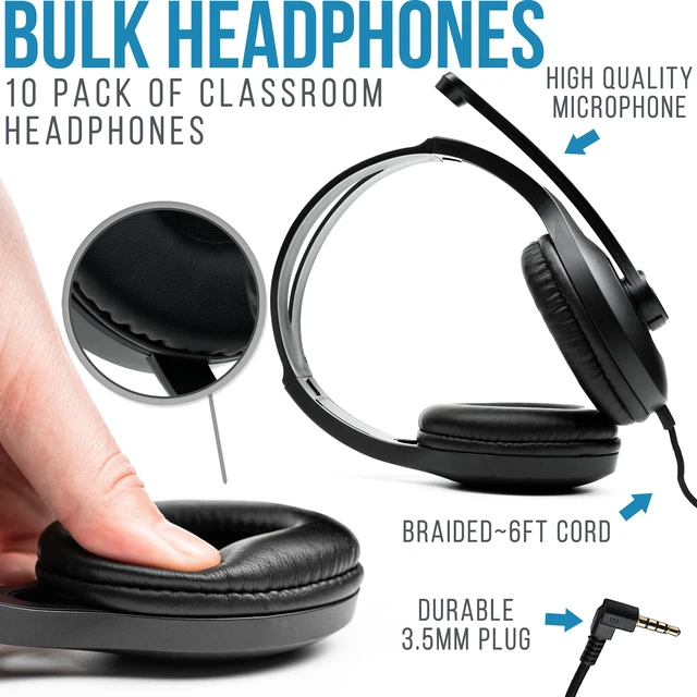 Alt view image 2 of 6 - Classroom Headphones with Microphone Bulk 10 Pack (Black, 3.5mm) Durable Everyday Student Use, Headsets with Mic, Adjustable Fit All-Day Comfort, Clear Voice, Easy Clean, K-12 School Testing