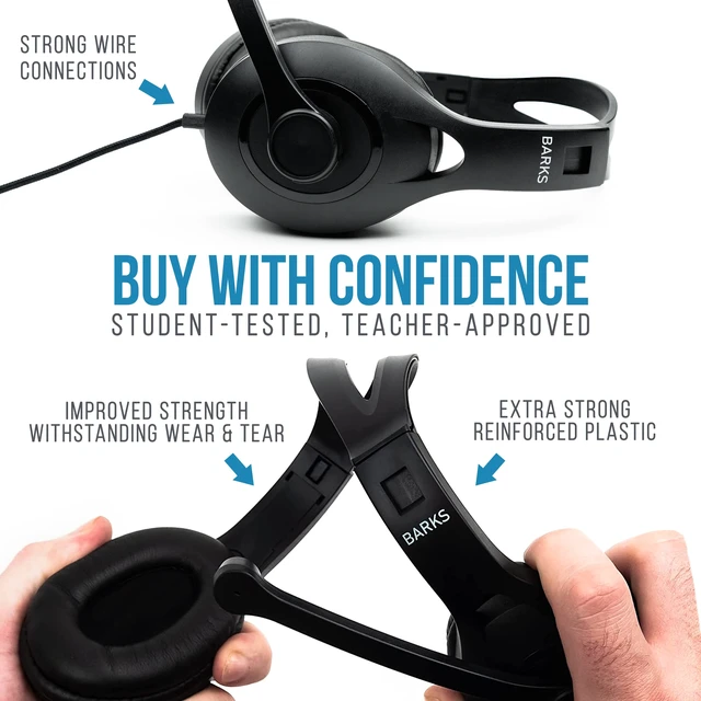 Alt view image 6 of 6 - Classroom Headphones with Microphone Bulk 10 Pack (Black, 3.5mm) Durable Everyday Student Use, Headsets with Mic, Adjustable Fit All-Day Comfort, Clear Voice, Easy Clean, K-12 School Testing