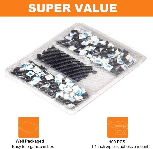 Alt view image 2 of 7 - 100 Pack 1.1 inch Zip Tie Adhesive Mounts Self Adhesive Cable Tie Base Holders with Multi-Purpose Tie wire clips with screw hole,Anchor stick on wire holder with 8 inch zip tiesWhite