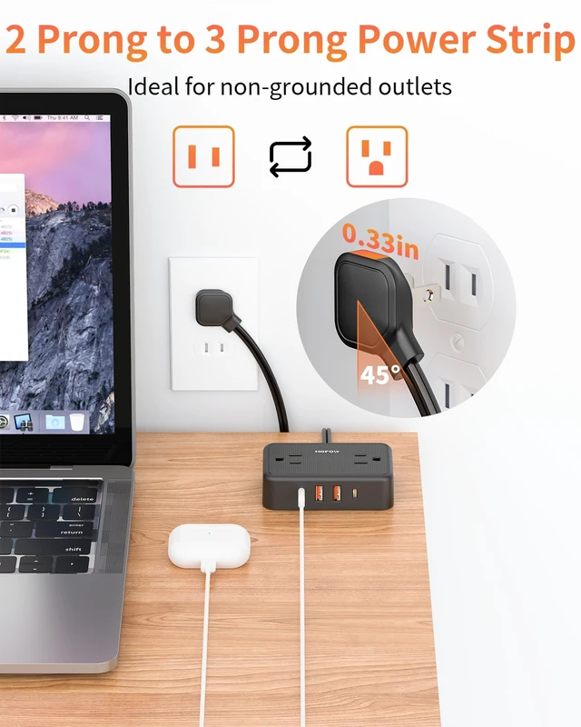 Alt view image 2 of 7 - 2 Prong Power Strip, 4AC&2A2C, 6 FT Two Prong Extension Cord for Old House 900 Joules, 1625W/13A, Flat Plug, 1.62in Wide Spaced, Black, 2 Prong to 3 Prong Outlet Adapter for Non-Grounded Outlet