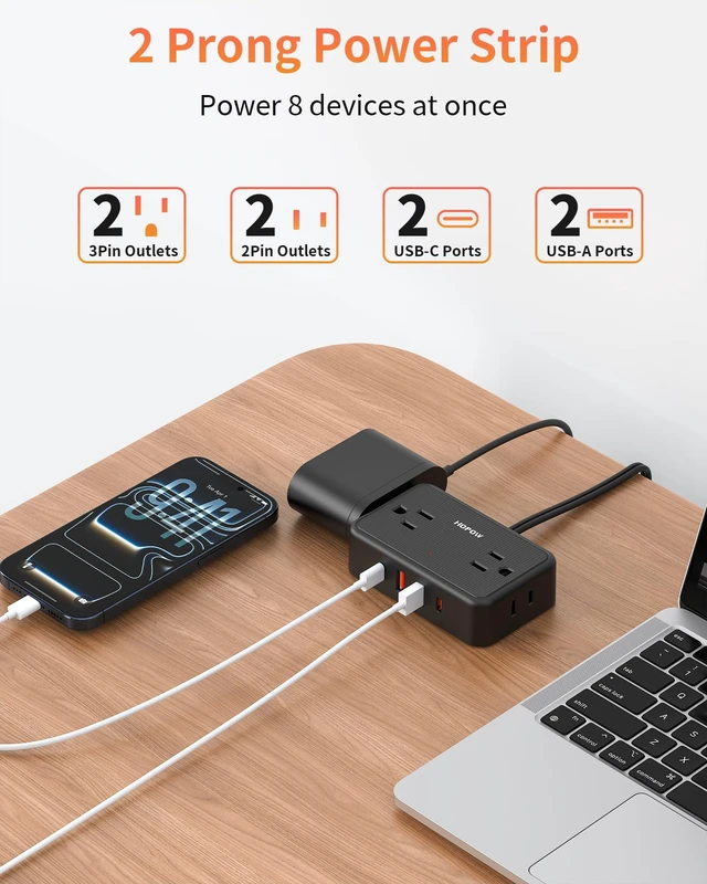 Alt view image 3 of 7 - 2 Prong Power Strip, 4AC&2A2C, 6 FT Two Prong Extension Cord for Old House 900 Joules, 1625W/13A, Flat Plug, 1.62in Wide Spaced, Black, 2 Prong to 3 Prong Outlet Adapter for Non-Grounded Outlet