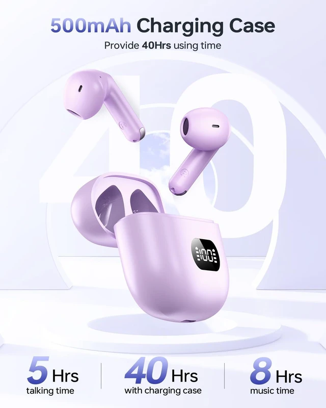 Alt view image 4 of 6 - Wireless Earbuds Bluetooth 5.3 Ear Buds Headphones, 40Hrs Playback Stereo Sound, LED Display, IPX7 Waterproof, Compact In-ear Earphones with Mic for Phone Tablet Laptop Sport, Mauve