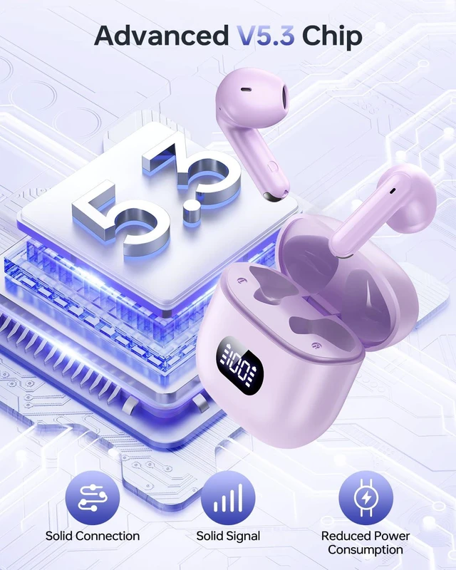 Alt view image 5 of 6 - Wireless Earbuds Bluetooth 5.3 Ear Buds Headphones, 40Hrs Playback Stereo Sound, LED Display, IPX7 Waterproof, Compact In-ear Earphones with Mic for Phone Tablet Laptop Sport, Mauve