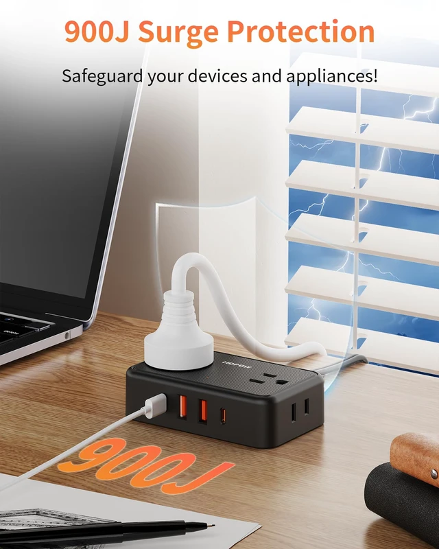 Alt view image 5 of 7 - 2 Prong Power Strip, 4AC&2A2C, 6 FT Two Prong Extension Cord for Old House 900 Joules, 1625W/13A, Flat Plug, 1.62in Wide Spaced, Black, 2 Prong to 3 Prong Outlet Adapter for Non-Grounded Outlet