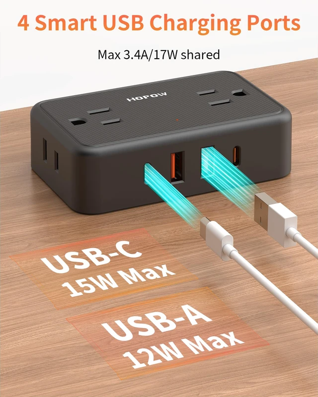 Alt view image 6 of 7 - 2 Prong Power Strip, 4AC&2A2C, 6 FT Two Prong Extension Cord for Old House 900 Joules, 1625W/13A, Flat Plug, 1.62in Wide Spaced, Black, 2 Prong to 3 Prong Outlet Adapter for Non-Grounded Outlet