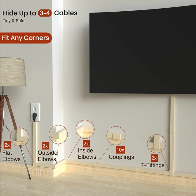 Alt view image 4 of 7 - Beige Cord Cover Wire Hiders - 157in Cord Hider Wall Mounted TV, Cable Cover Wall Wire Hider for Cords, Hide Wires Along Wall, Cord Concealer Cable Channel, Cable Raceway, Wire Molding for Wall