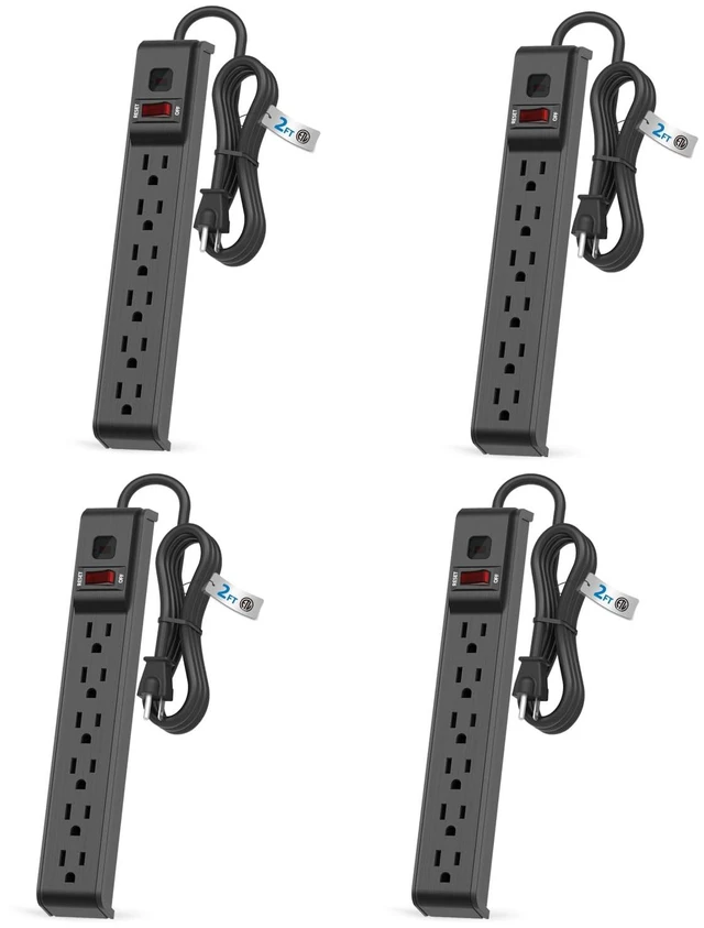 Main image of 6 Outlet Power Strip Surge Protector, 2 FT Extension Cord with Overload Protection, Wall Mountable for Home and Office, 600J, 15A/1875W, ETL Listed, 4 Packs