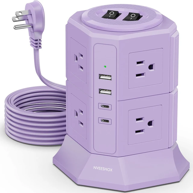 Main image of Flat Plug Power Strip Tower with 8 Outlets 4 USB Ports (2 Type C) Surge Protector Power Strip with 6.5 FT Extension Cord, Flat Plug Outlet Extender with Multiple Outlets for Home Office Dorm