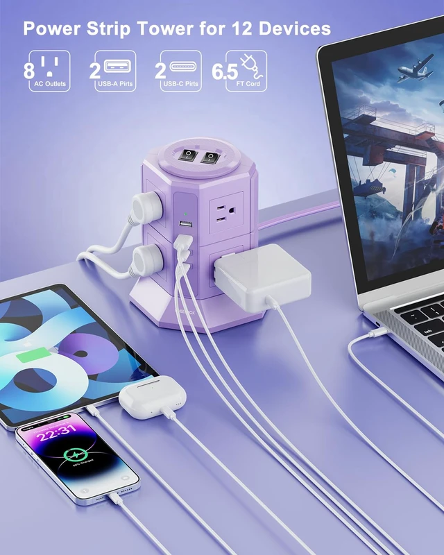 Alt view image 2 of 7 - Flat Plug Power Strip Tower with 8 Outlets 4 USB Ports (2 Type C) Surge Protector Power Strip with 6.5 FT Extension Cord, Flat Plug Outlet Extender with Multiple Outlets for Home Office Dorm