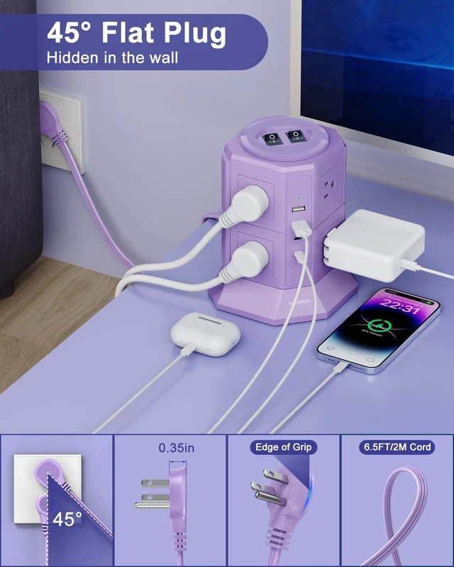 Alt view image 3 of 7 - Flat Plug Power Strip Tower with 8 Outlets 4 USB Ports (2 Type C) Surge Protector Power Strip with 6.5 FT Extension Cord, Flat Plug Outlet Extender with Multiple Outlets for Home Office Dorm