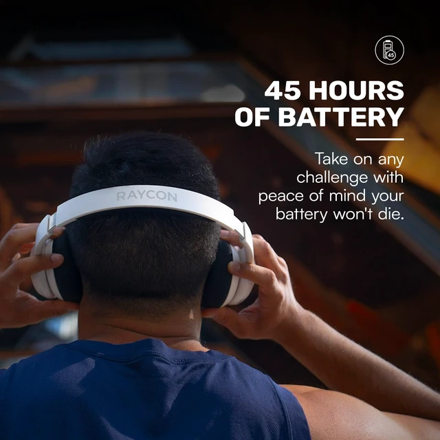 Alt view image 6 of 7 - Fitness Bluetooth Headphones - Over The Ear Running Headphones, Active Noise Cancelling Wireless Headphones + Awareness Mode, Bluetooth Headset with Mic, 45 Hours of Battery Life (White)