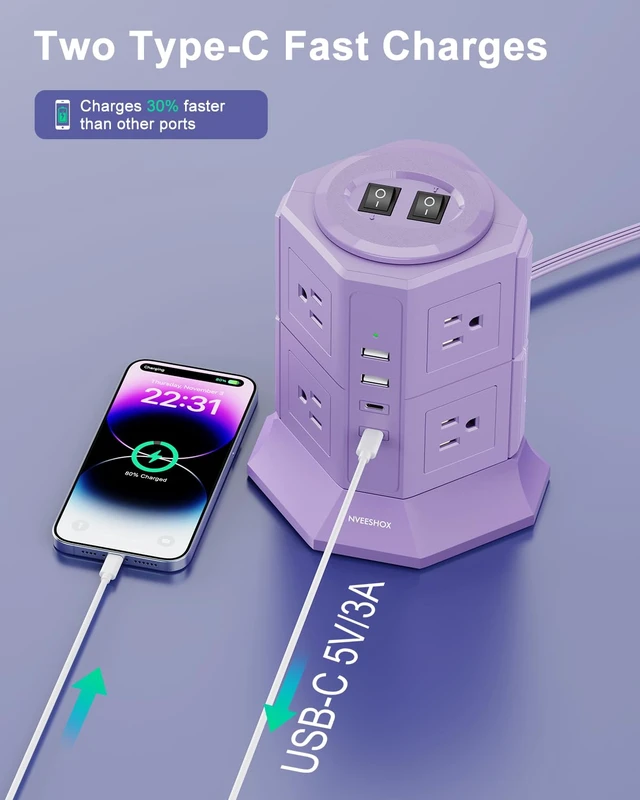 Alt view image 4 of 7 - Flat Plug Power Strip Tower with 8 Outlets 4 USB Ports (2 Type C) Surge Protector Power Strip with 6.5 FT Extension Cord, Flat Plug Outlet Extender with Multiple Outlets for Home Office Dorm