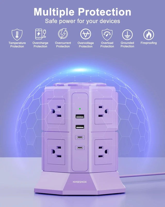 Alt view image 5 of 7 - Flat Plug Power Strip Tower with 8 Outlets 4 USB Ports (2 Type C) Surge Protector Power Strip with 6.5 FT Extension Cord, Flat Plug Outlet Extender with Multiple Outlets for Home Office Dorm
