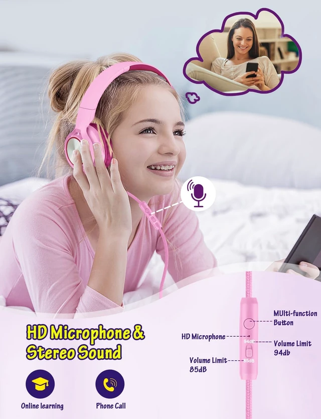 Alt view image 2 of 6 - Kids Headphones with Microphone, Wired Over Ear Headsets with Limited Volume 85dB/ 94dB for Boys Girls Teens Children Online School/Travel/iPad/Tablet/Cellphone