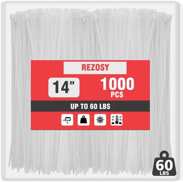 Main image of White Clear Zip Ties 14 Inch (1000 Pack) - 60 lb Heavy Duty UV Resistant Self-Locking Nylon Cable Ties