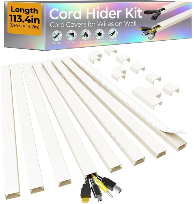 Main image of 113.4in Cord Hider Kit, Cord Covers for 2-4 Wires on Wall, Self-Adhesive Cable Hider Wire Covers for Cords on Wall, Paintable Cord Hider for Walls Mount Tv, Cable Cover Raceway, W0.95 H0.55in, Beige