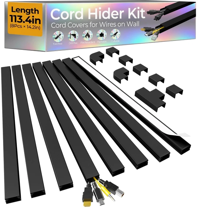 Main image of 113.4in Cord Hider Kit, Cord Covers for 2-4 Wires on Wall, Self-Adhesive Cable Hider Wire Covers for Cords on Wall, Easy Set-up Cord Hider for Walls Mount Tv, Cable Cover Raceway, W0.95 H0.55in, Black