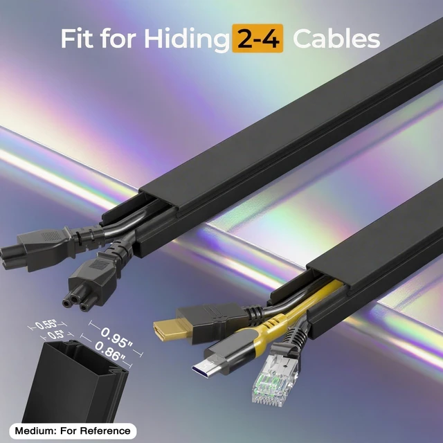 Alt view image 2 of 7 - 113.4in Cord Hider Kit, Cord Covers for 2-4 Wires on Wall, Self-Adhesive Cable Hider Wire Covers for Cords on Wall, Easy Set-up Cord Hider for Walls Mount Tv, Cable Cover Raceway, W0.95 H0.55in, Black