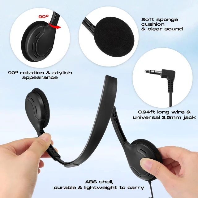 Alt view image 3 of 7 - 30 Pack Over Ear Headphones Corded Bulk Set 3.5mm,Black On Ear Headsets Adjustable Earphones with Cord for Library Computer Lab Online Lesson Group Testing