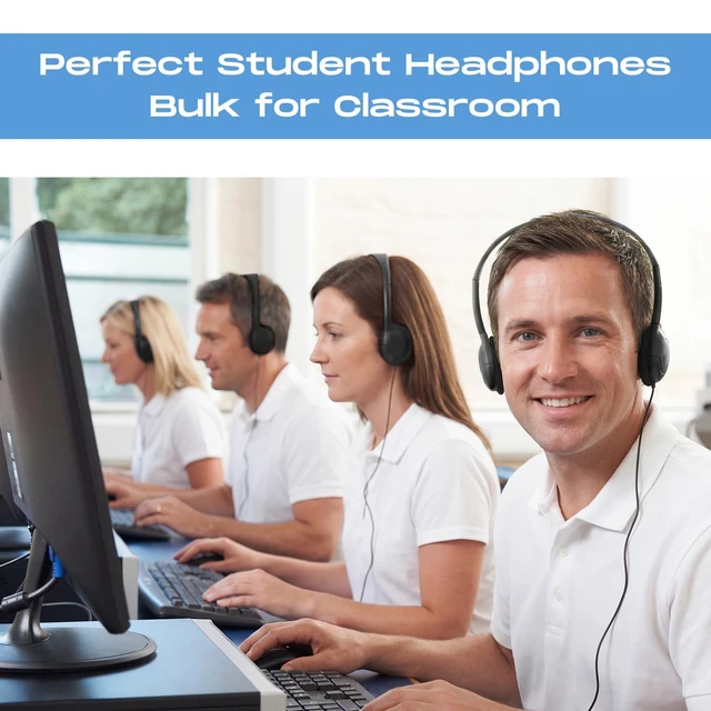 Alt view image 4 of 7 - 30 Pack Over Ear Headphones Corded Bulk Set 3.5mm,Black On Ear Headsets Adjustable Earphones with Cord for Library Computer Lab Online Lesson Group Testing