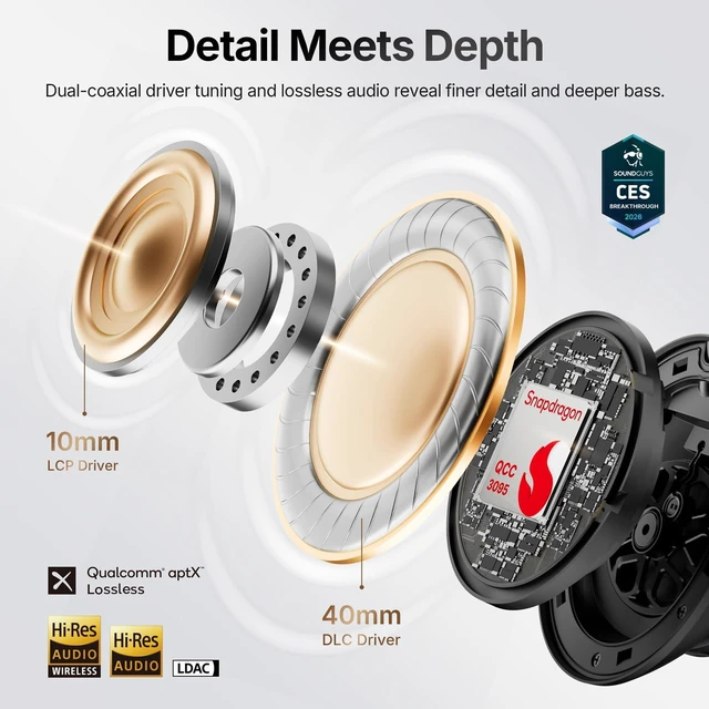 Alt view image 2 of 7 - Wave Pro X Hybrid ANC Wireless Over Ear Headphones, aptX Lossless Active Noise Cancelling, LDAC Hi-Res, 8 Mics AI Call, 90H Playtime, Dual Drivers, App EQ, Comfort Fit, Bluetooth 6.0 Headset