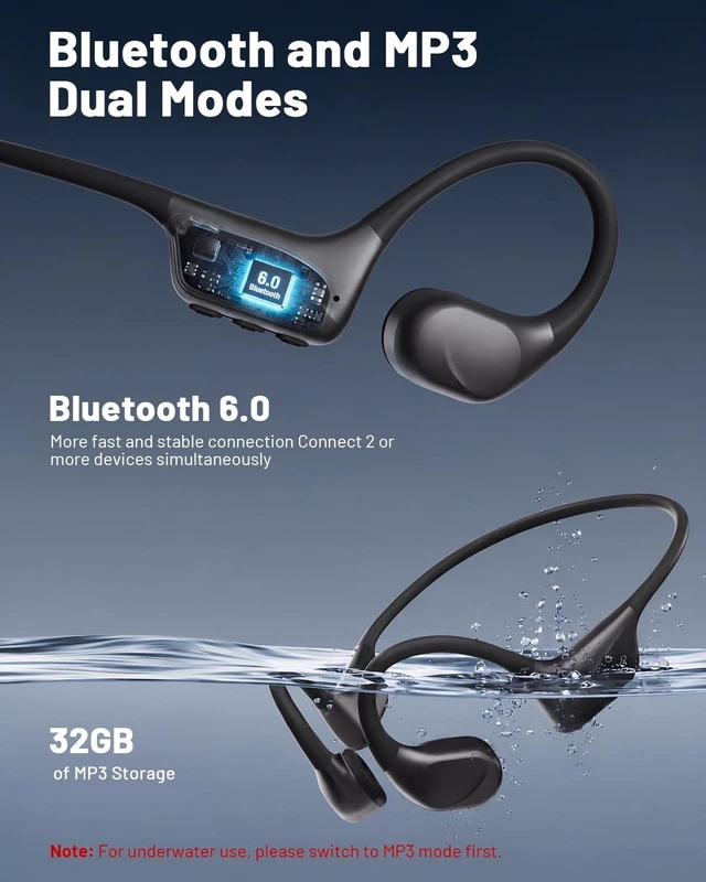 Alt view image 5 of 7 - Bone Conduction Headphones, Swimming Headphones with IPX8 Waterproof Bone-Air Conduction Dual Driver Deep Bass, Underwater MP3 Mode 32GB, 8H Playtime Bluetooth 6.0 Open Ear Headphones for Sports