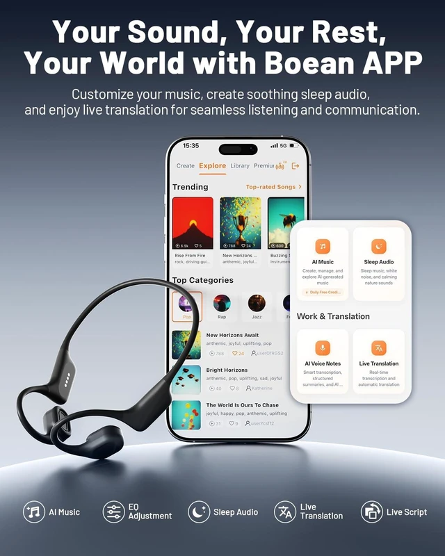 Alt view image 6 of 7 - Bone Conduction Headphones, Swimming Headphones with IPX8 Waterproof Bone-Air Conduction Dual Driver Deep Bass, Underwater MP3 Mode 32GB, 8H Playtime Bluetooth 6.0 Open Ear Headphones for Sports