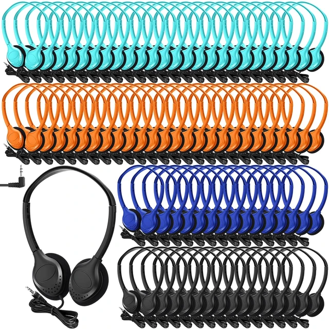 Main image of 100 Pack Headphones for Classroom Bulk, Multicolor, Novelty Students Adjustable Headphones Wired Pack Black over The Head Earphones with 3.5 mm Plug for School Library Museums Charity