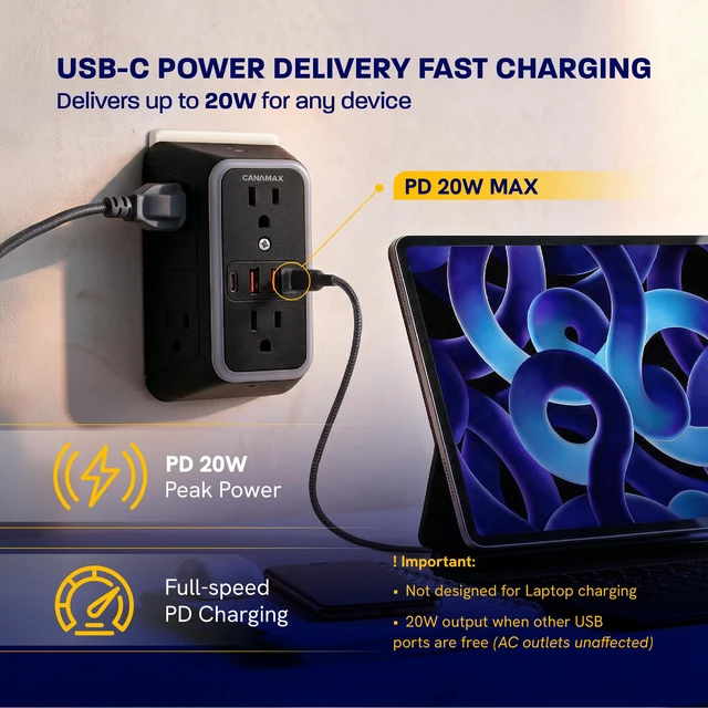 Alt view image 3 of 7 - Multi Plug Wall Outlet Extender Black - 6 Outlet 4 USB Port (20W Charging) Smart Night Light, 3-Sided 1050J Surge Protector Power Strip for Home, Office, Dorm Room Essentials, ETL Listed