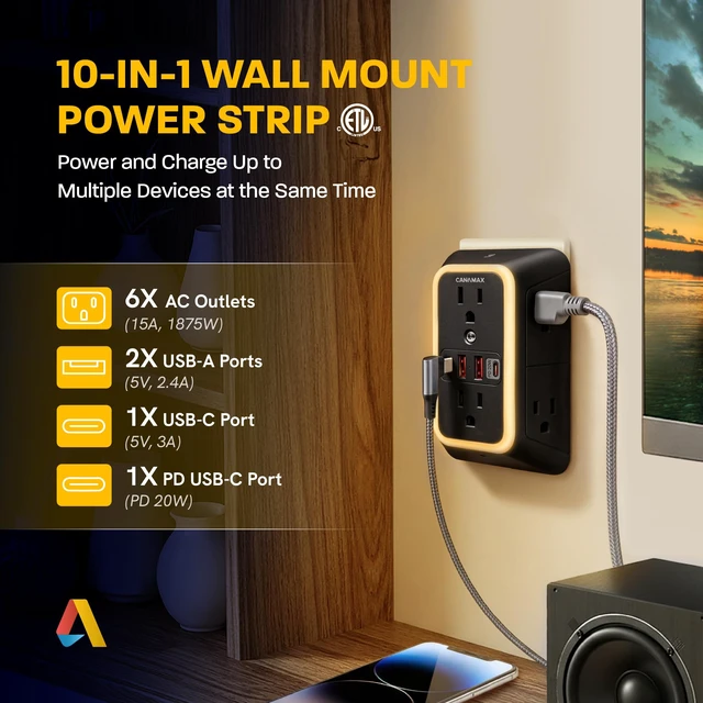 Alt view image 2 of 7 - Multi Plug Wall Outlet Extender Black - 6 Outlet 4 USB Port (20W Charging) Smart Night Light, 3-Sided 1050J Surge Protector Power Strip for Home, Office, Dorm Room Essentials, ETL Listed