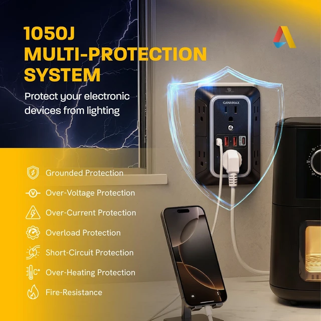 Alt view image 5 of 7 - Multi Plug Wall Outlet Extender Black - 6 Outlet 4 USB Port (20W Charging) Smart Night Light, 3-Sided 1050J Surge Protector Power Strip for Home, Office, Dorm Room Essentials, ETL Listed