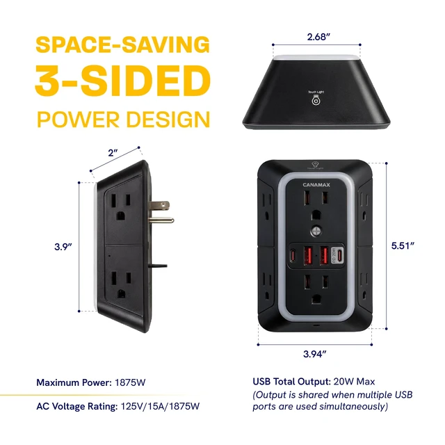 Alt view image 7 of 7 - Multi Plug Wall Outlet Extender Black - 6 Outlet 4 USB Port (20W Charging) Smart Night Light, 3-Sided 1050J Surge Protector Power Strip for Home, Office, Dorm Room Essentials, ETL Listed