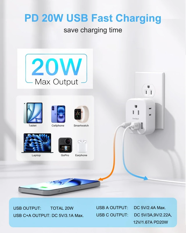 Alt view image 2 of 7 - Travel Cruise Ship Essentials, PD20W Multi Plug Wall Outlet Extender 4 Outlets 4 USB Ports (2 USB-C), Small Power Strip Non Surge Protector for Cruise Travel, Cruise Outlet Splitter Plug Adapter