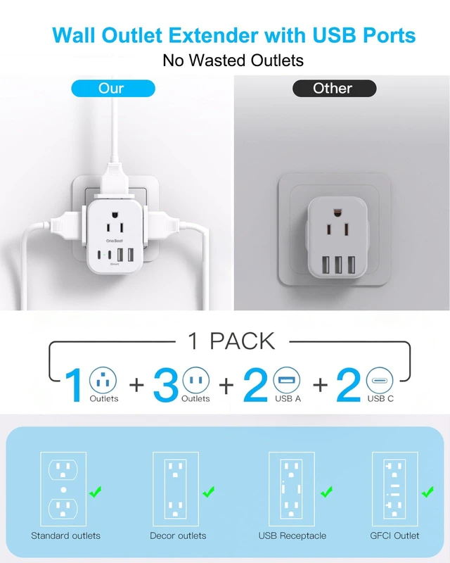Alt view image 6 of 7 - Travel Cruise Ship Essentials, PD20W Multi Plug Wall Outlet Extender 4 Outlets 4 USB Ports (2 USB-C), Small Power Strip Non Surge Protector for Cruise Travel, Cruise Outlet Splitter Plug Adapter